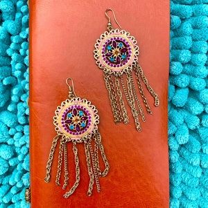 Gold Earrings Dangle Chain Boho with Lovely Design pink, blue and purple